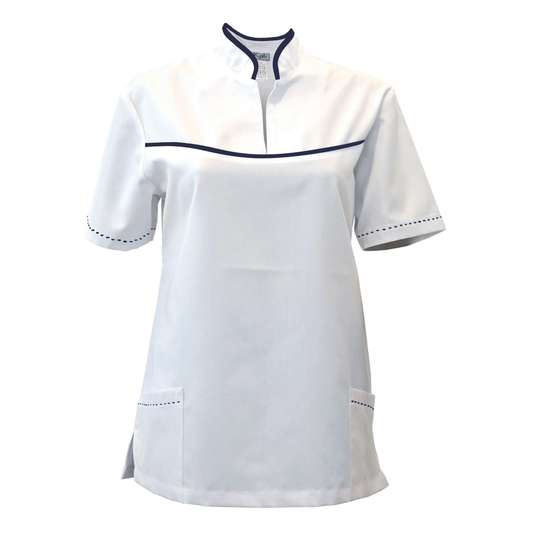 Túnica blanca de mujer con ribete - azul marino, modelo FS215-3