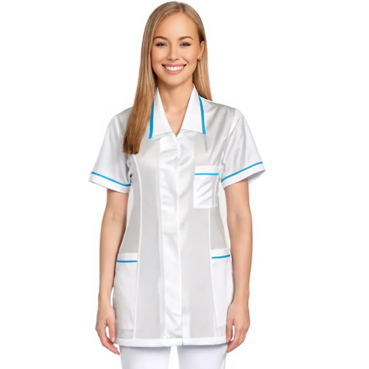 Túnica blanca de mujer con ribete - color celeste, modelo F212-2T