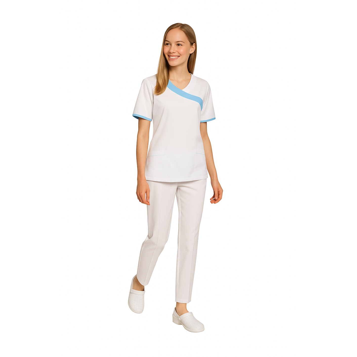 Women's white tunic with trim - color light blue, model FVDL