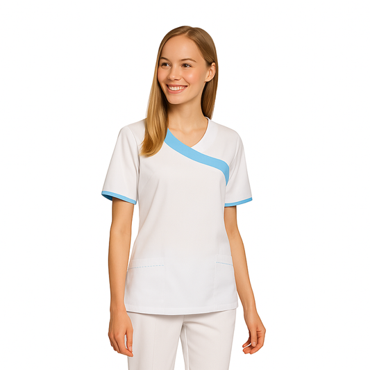 Túnica blanca de mujer con ribete - color azul claro, modelo FVDL