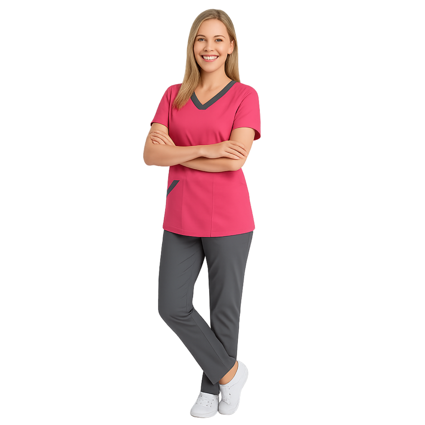 Túnica elástica de mujer - color fucsia neón con ribete gris oscuro, modelo FVE