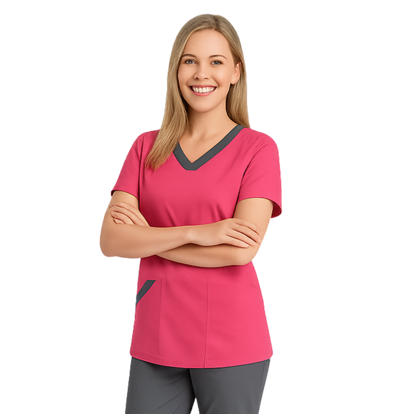 Túnica elástica de mujer - color fucsia neón con ribete gris oscuro, modelo FVE