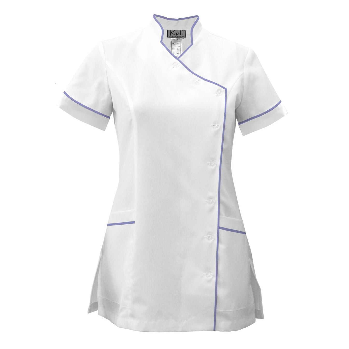 Дамска бяла туника странично закопчаване с гарнитура - цвят лилав, модел F207-4A – Медицински облекла Кали