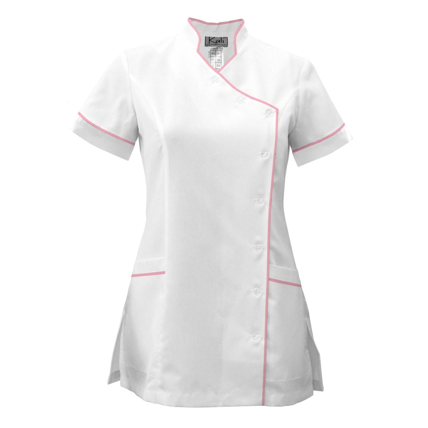 Дамска бяла туника странично закопчаване с гарнитура - цвят розов, модел F207-4A – Медицински облекла Кали