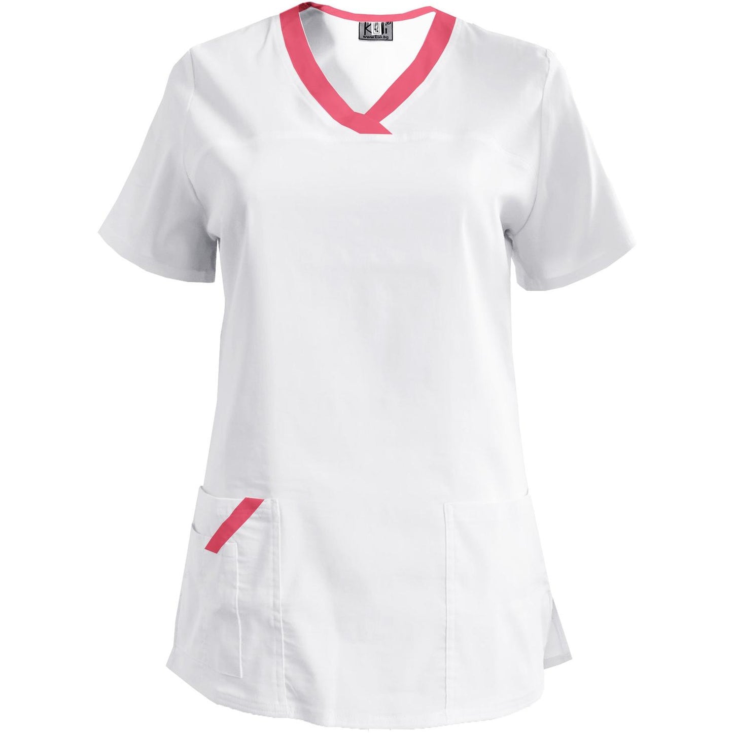 Дамска еластична туника - цвят бял с кант неонова фуксия, модел FVE – Медицински облекла Кали