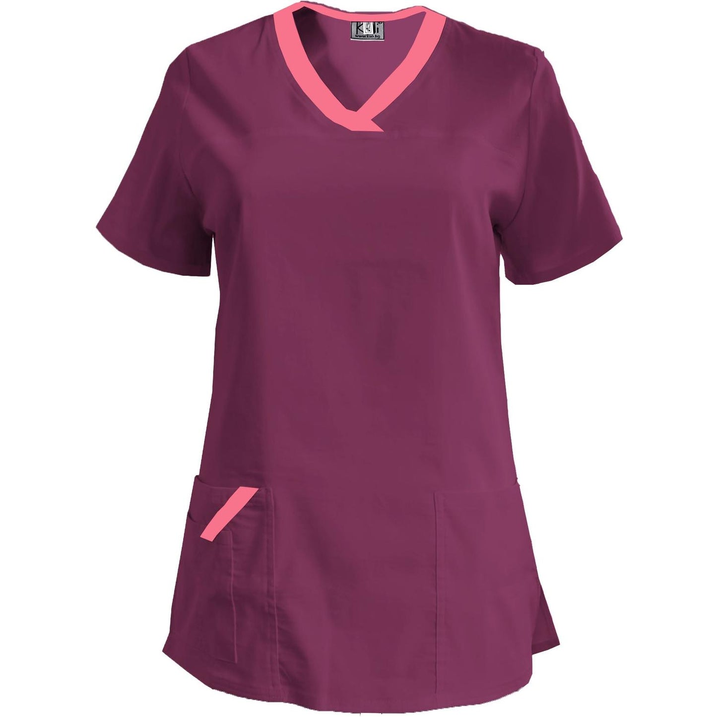 Дамска еластична туника - цвят слива с кант неонова фуксия, модел FVE – Медицински облекла Кали