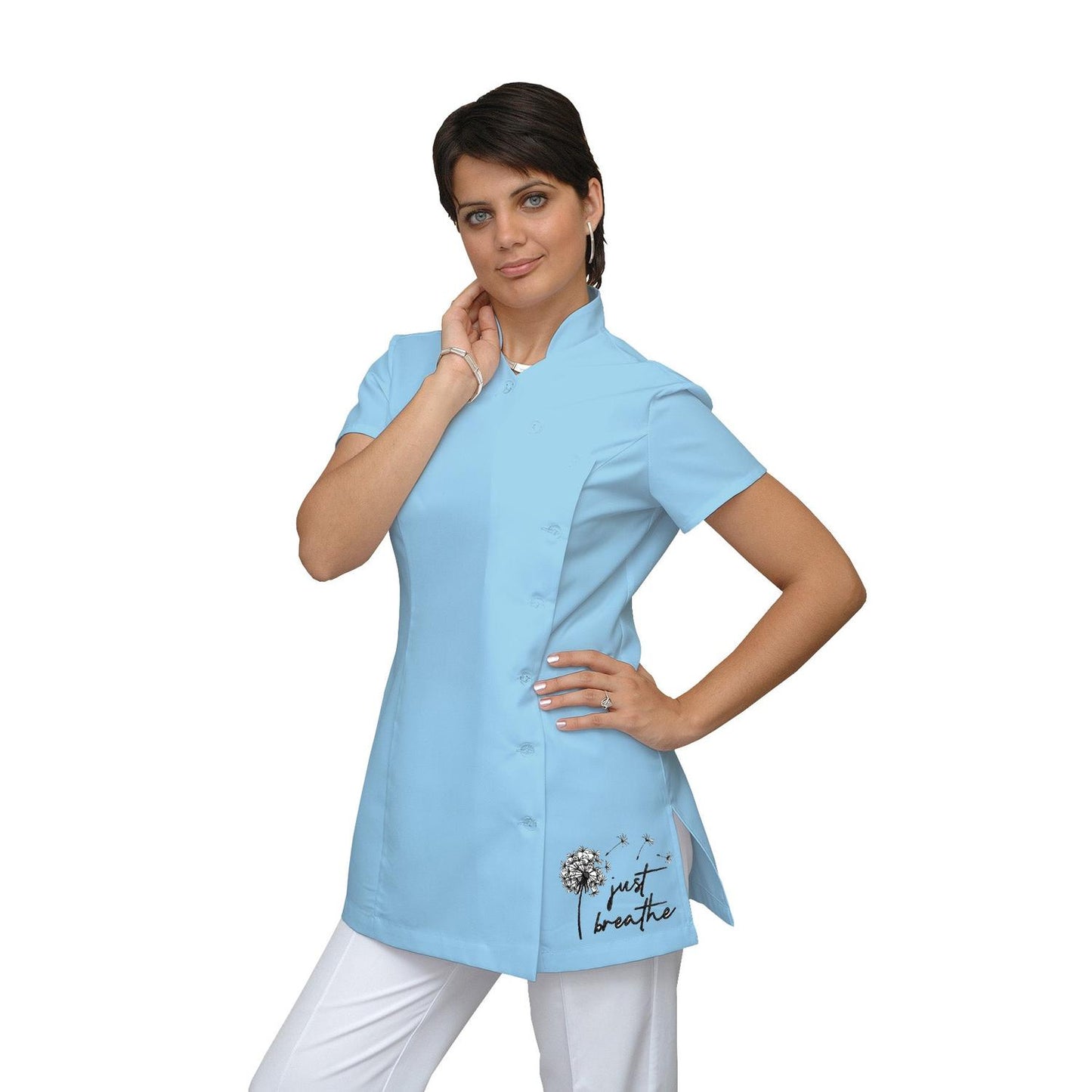 Дамска туника странично закопчаване - цвят светло син, модел F207-4A – Медицински облекла Кали