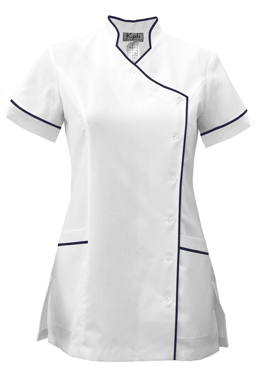 Women's white tunic with side fastening and trim - navy blue color, model F207-4A