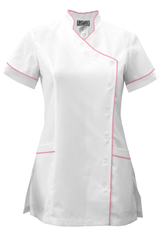 Women's white tunic with side fastening and trim - pink color, model F207-4A