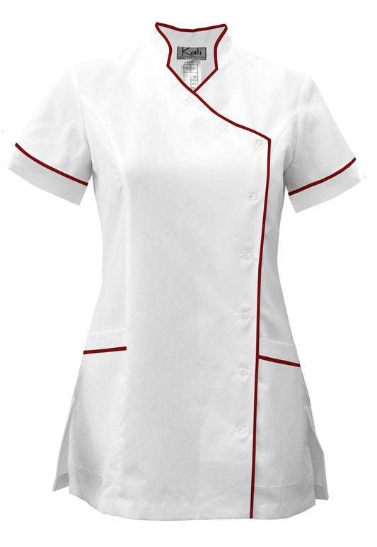 Women's white tunic with side fastening and trim - wine color, model F207-4A