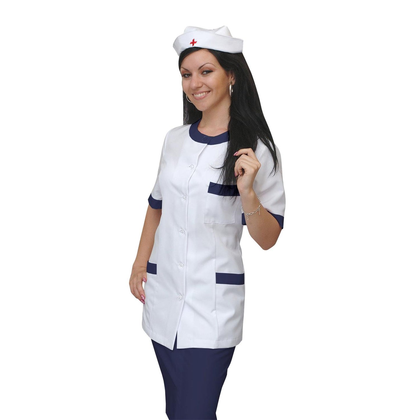 ORDER of women's white tunic with trim - color navy blue, model F222-2U