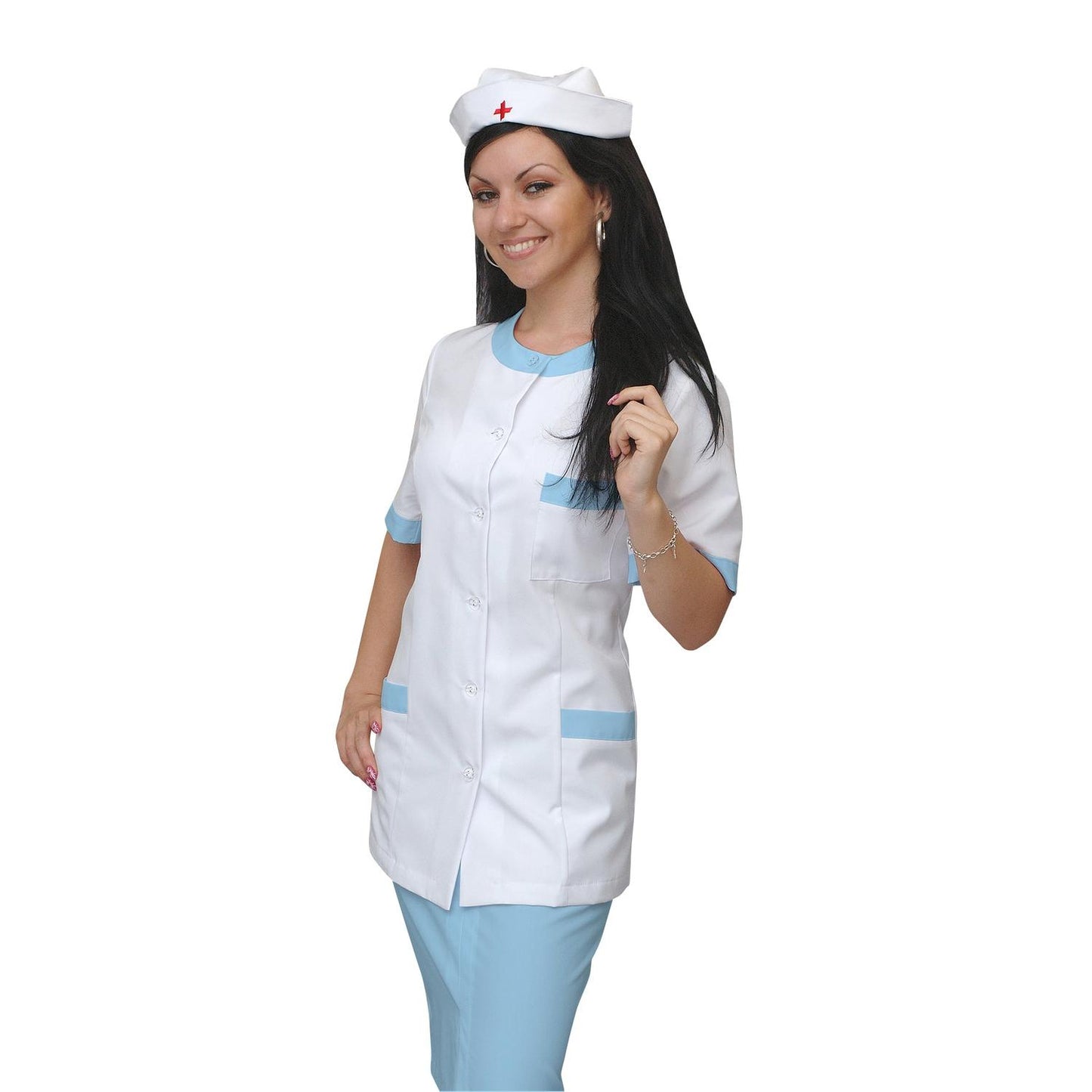 ORDER of women's white tunic with trim - color light blue, model F222-2U
