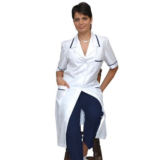 Delantal blanco de mujer con ribete - color azul marino, modelo F234-2