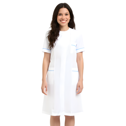 Delantal blanco de mujer con ribete - color azul claro, modelo F234-2U