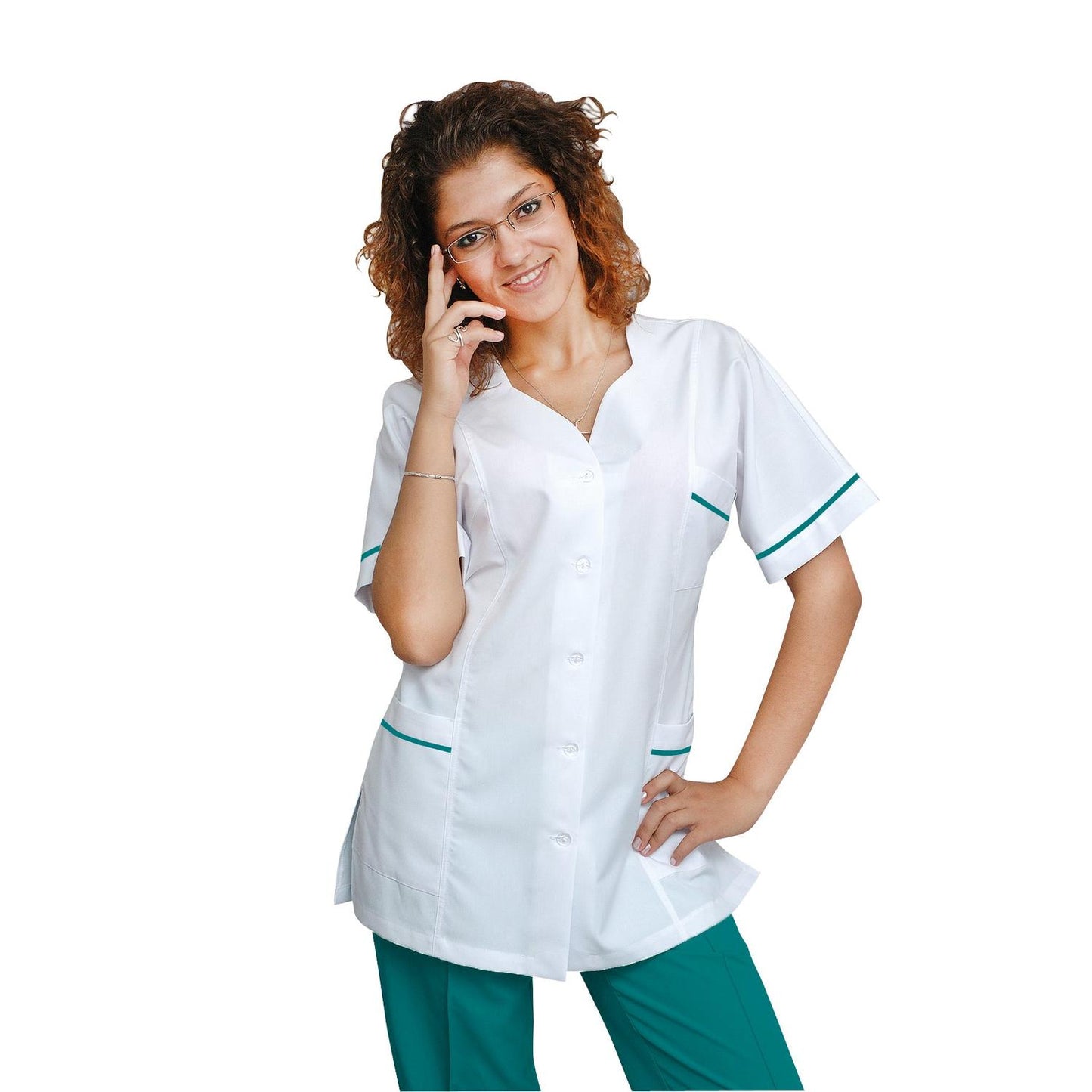 Women's white tunic with trim - color dark sea green, model FTSoft