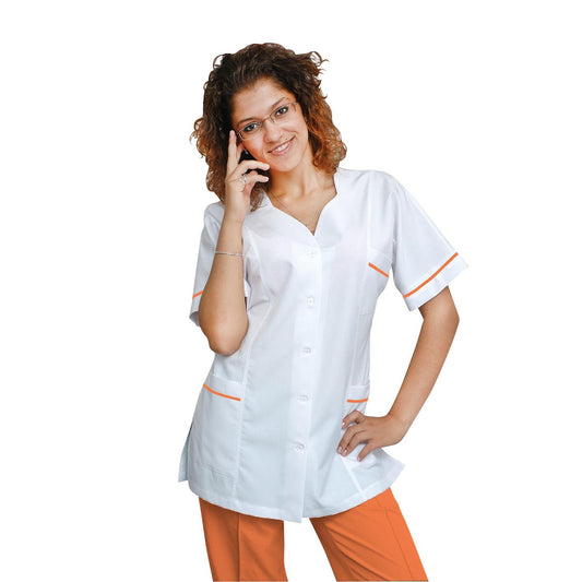 Túnica blanca de mujer con ribete - color naranja, modelo FTSoft