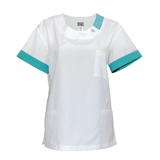 Túnica blanca de mujer con ribete - color verde mar, modelo FUG