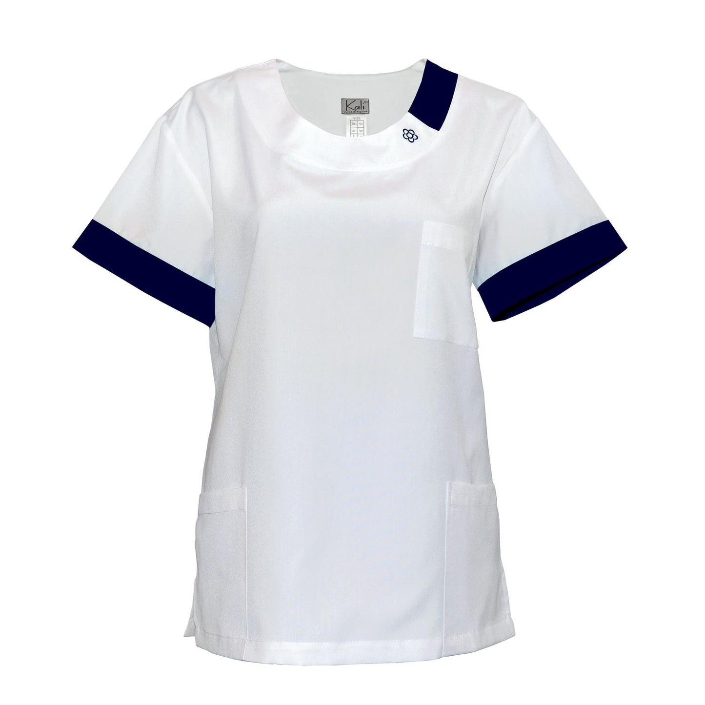 Women's white tunic with trim - color dark blue, model FUG