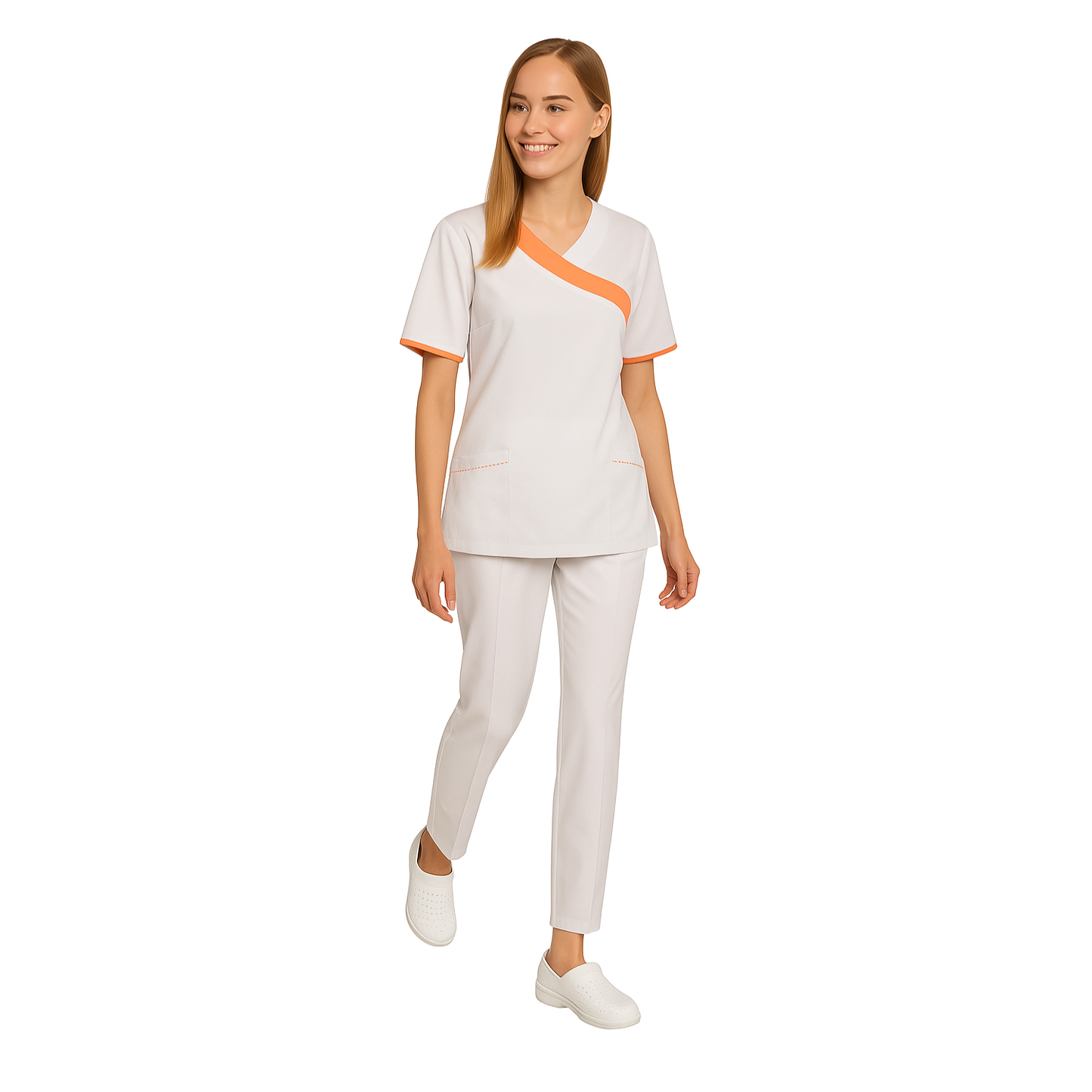 Women's white tunic with trim - banana color, model FVDL