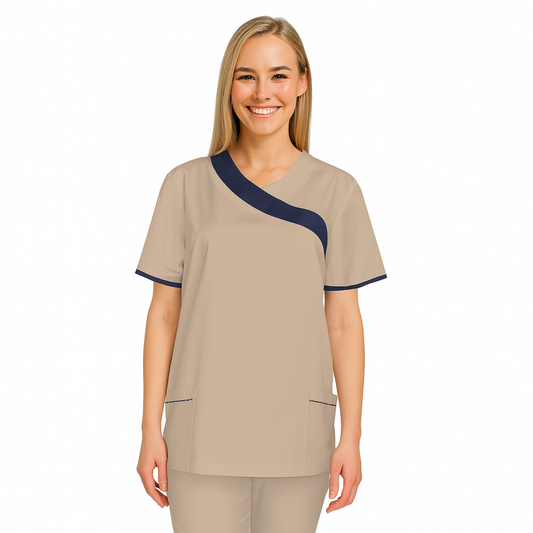Túnica de mujer - color beige con ribete azul oscuro, modelo FVDL