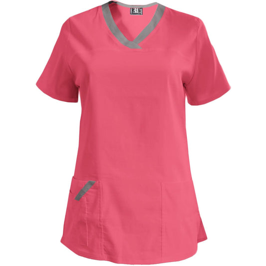 Women's elastic tunic - neon fuchsia color with light gray trim, model FVE
