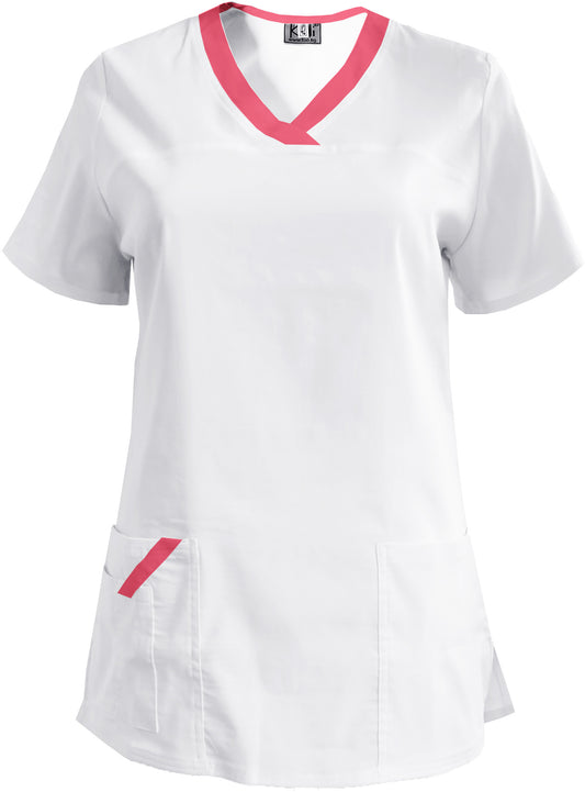 Women's elastic tunic - white with neon fuchsia trim, model FVE