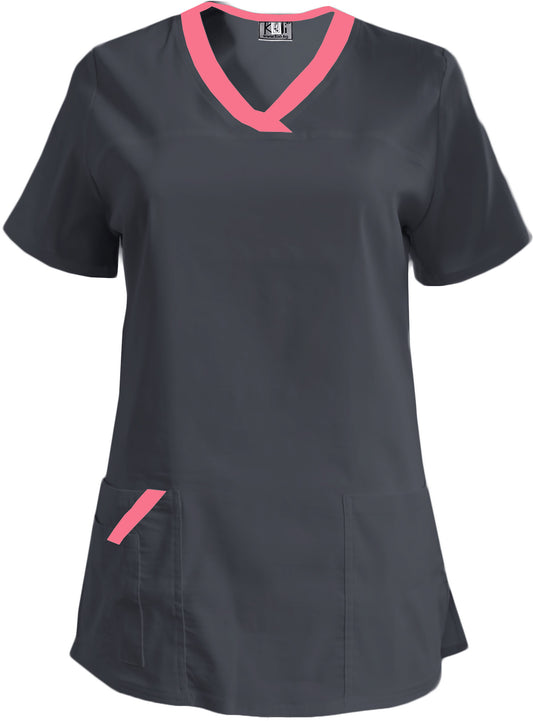Women's elastic tunic - dark gray with neon fuchsia trim, model FVE