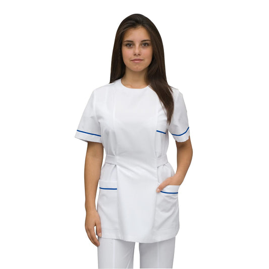 Women's white tunic with trim - royal blue color, model FZad