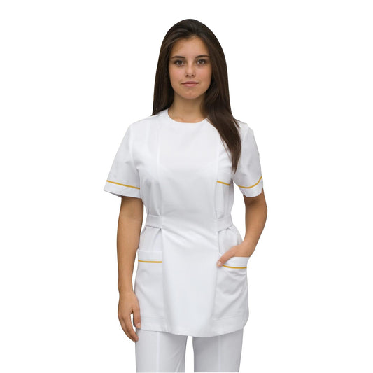 Women's white tunic with trim - purple color, model FZad