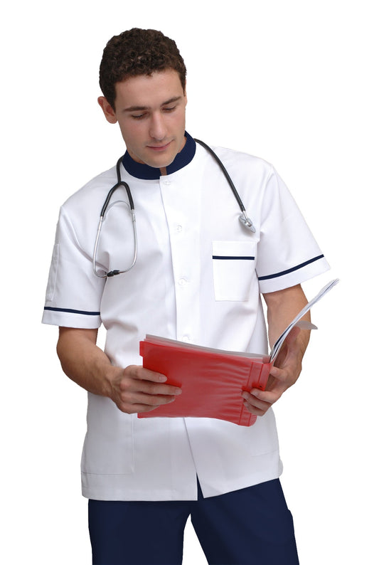 ORDER of men's white tunic with trim - color navy blue, model MS213-31