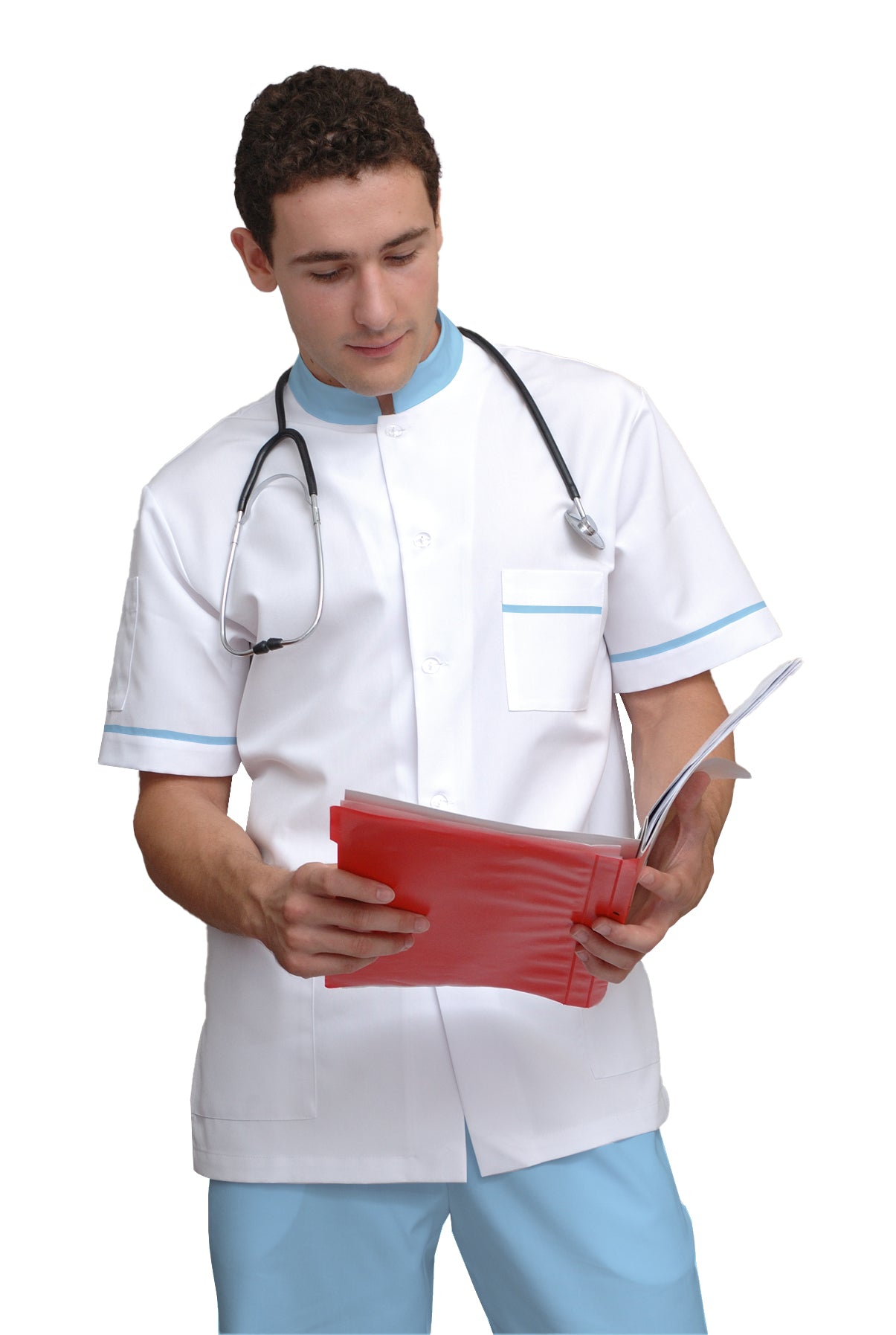 ORDER of men's white tunic with trim - color light blue, model MS213-31