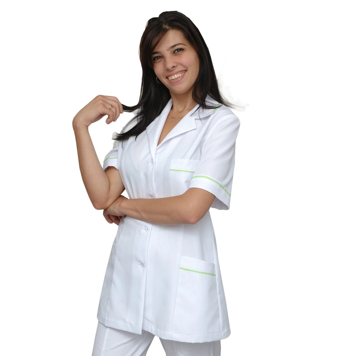 ПОРЪЧКА на дамска бяла туника с гарнитура - цвят бледо зелен, модел F222-2 – Медицински облекла Кали