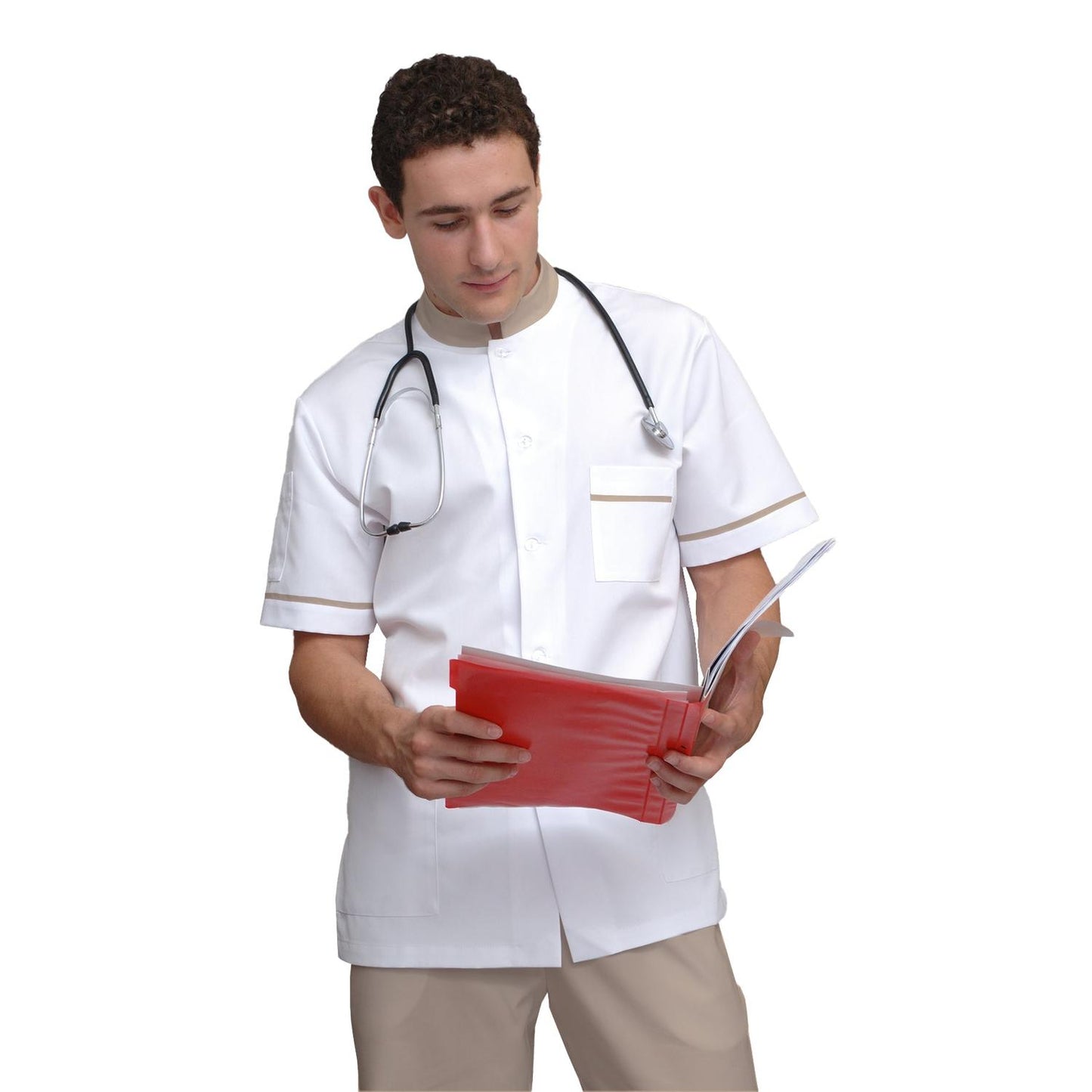 ПОРЪЧКА на мъжка бяла туника с гарнитура - цвят бежов, модел MS213-31 – Медицински облекла Кали