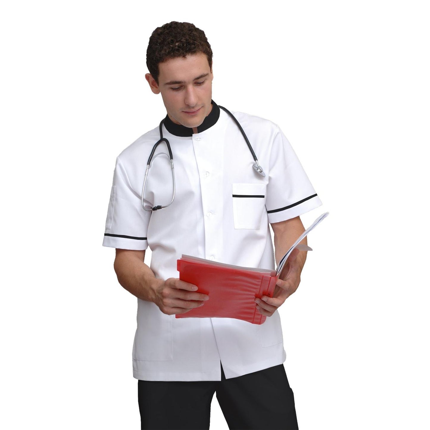 ПОРЪЧКА на мъжка бяла туника с гарнитура - цвят черен, модел MS213-31 – Медицински облекла Кали