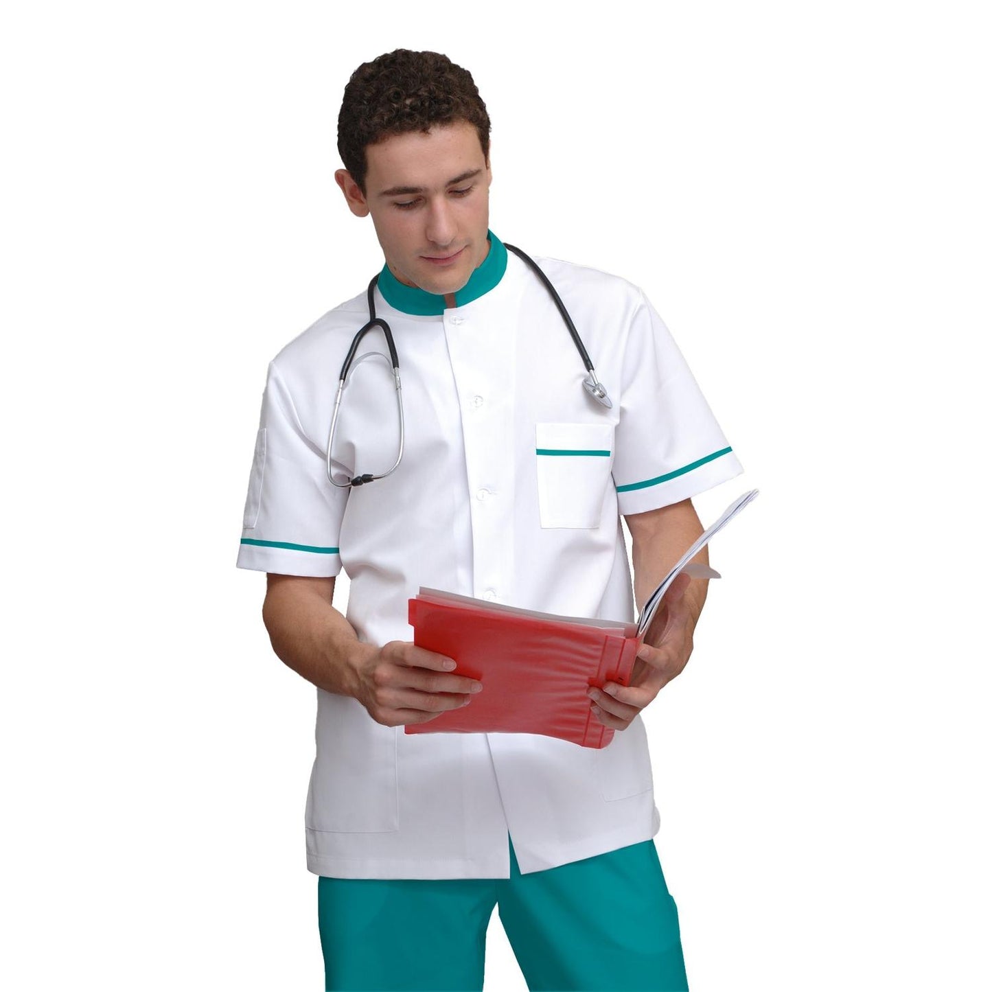 Мъжка бяла туника с гарнитура - цвят морско зелен, модел MS213-31 – Медицински облекла Кали