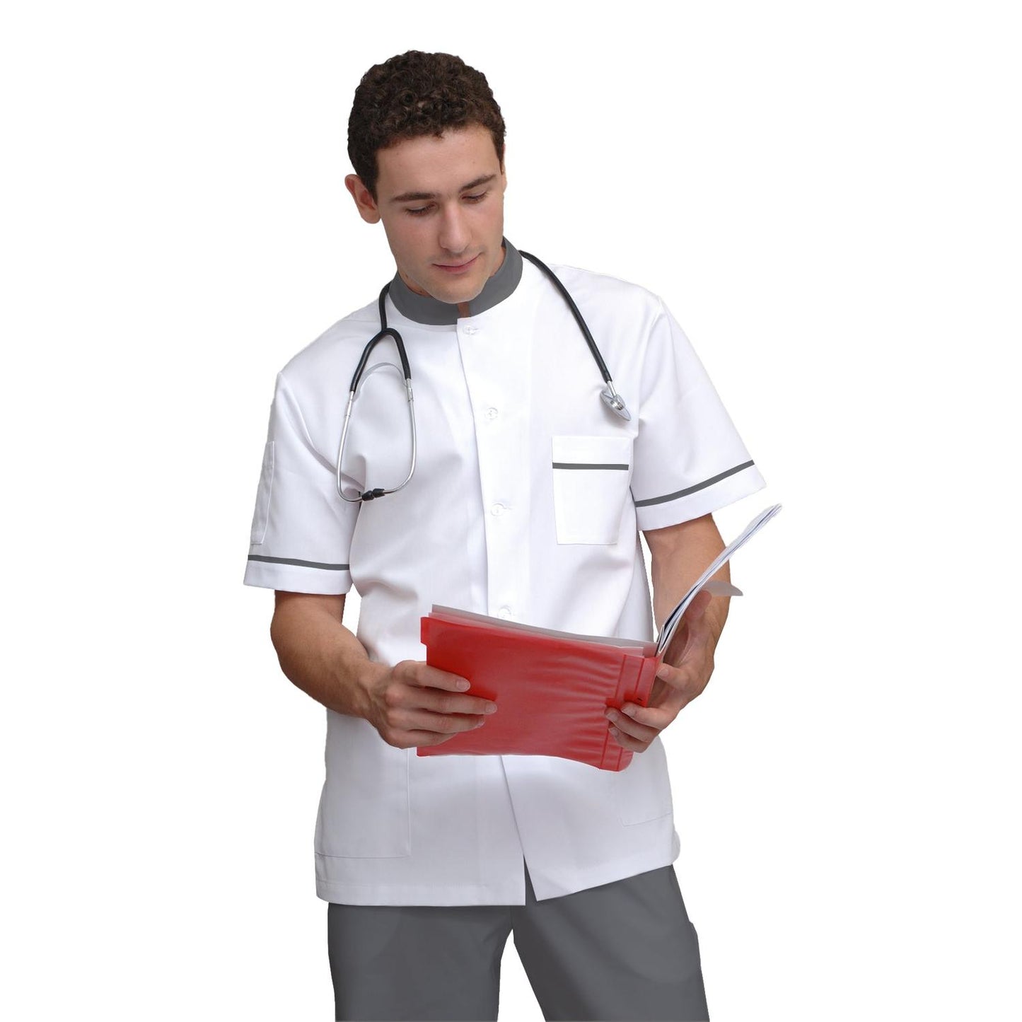 Мъжка бяла туника с гарнитура - цвят светло сив, модел MS213-31 – Медицински облекла Кали