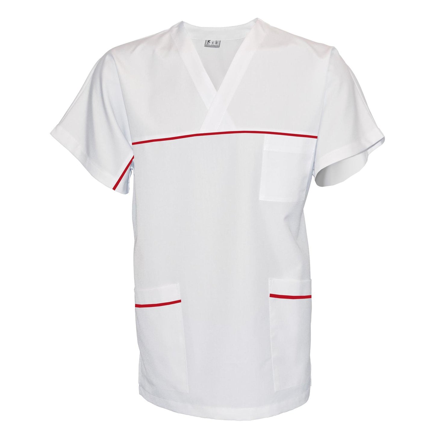ПОРЪЧКА на унисекс бяла туника с гарнитура - цвят червен, модел UX – Медицински облекла Кали