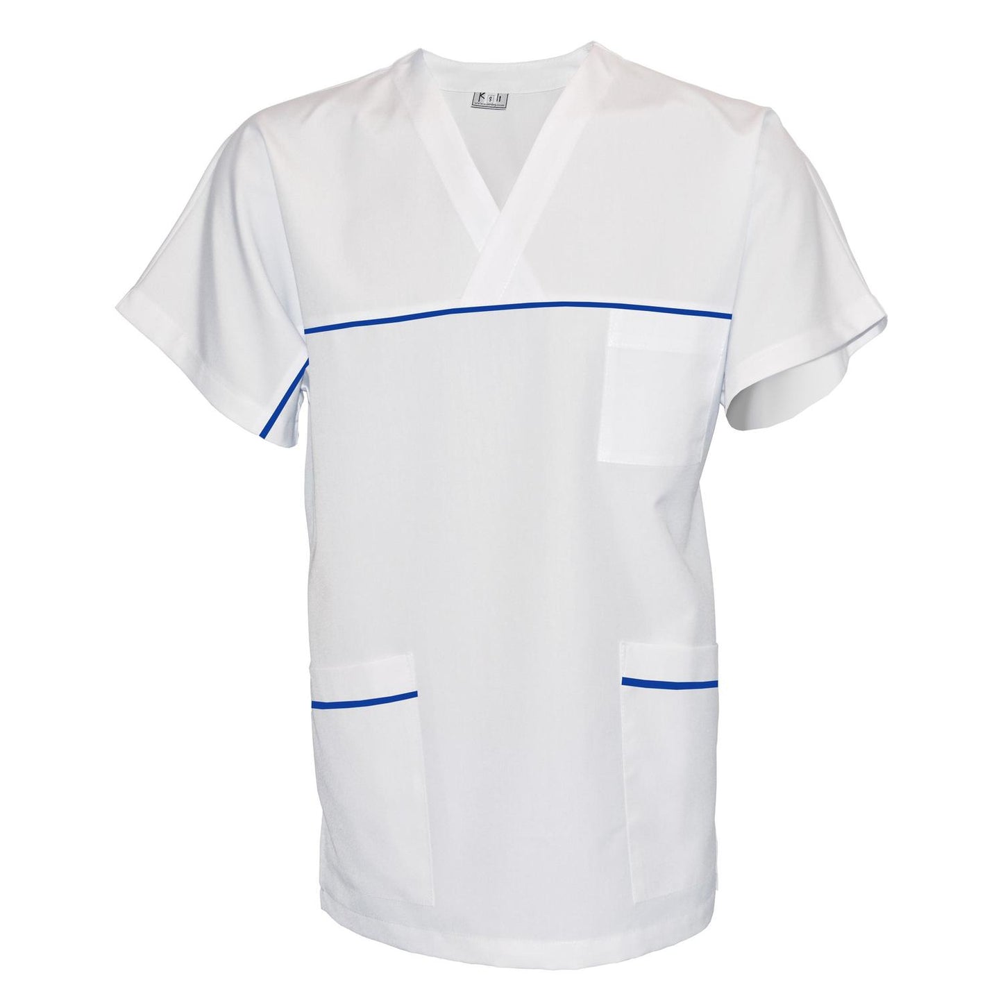 ПОРЪЧКА на унисекс бяла туника с гарнитура - цвят кралско син, модел UX – Медицински облекла Кали