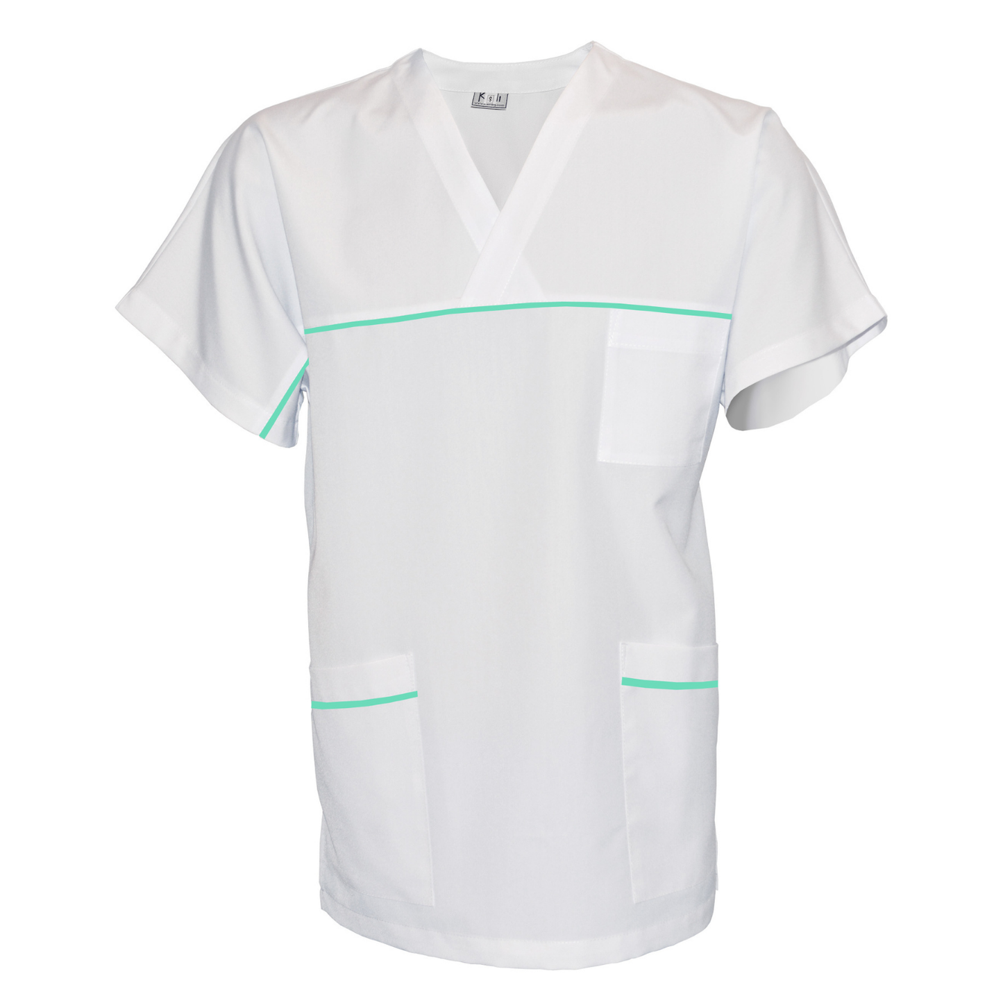 ПОРЪЧКА на унисекс бяла туника с гарнитура - цвят мента, модел UX – Медицински облекла Кали