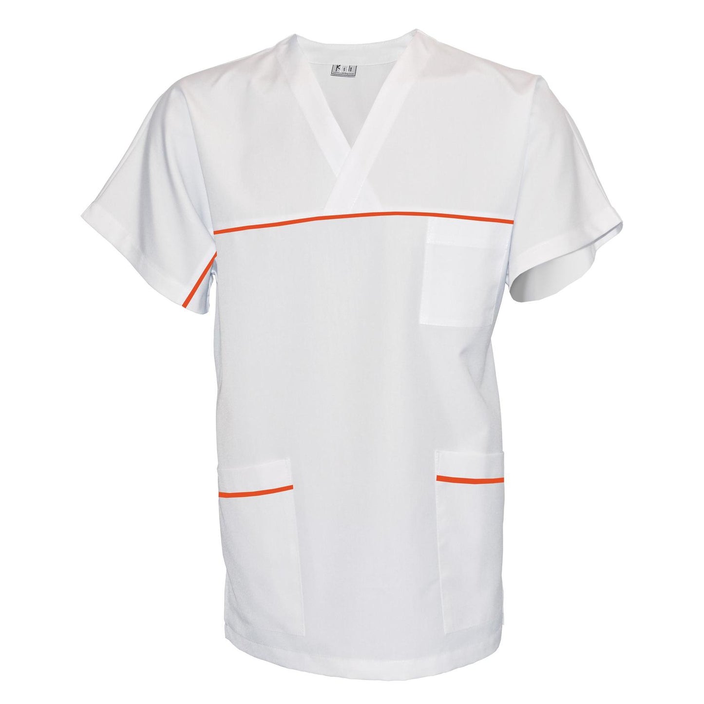 ПОРЪЧКА на унисекс бяла туника с гарнитура - цвят оранжев, модел UX – Медицински облекла Кали