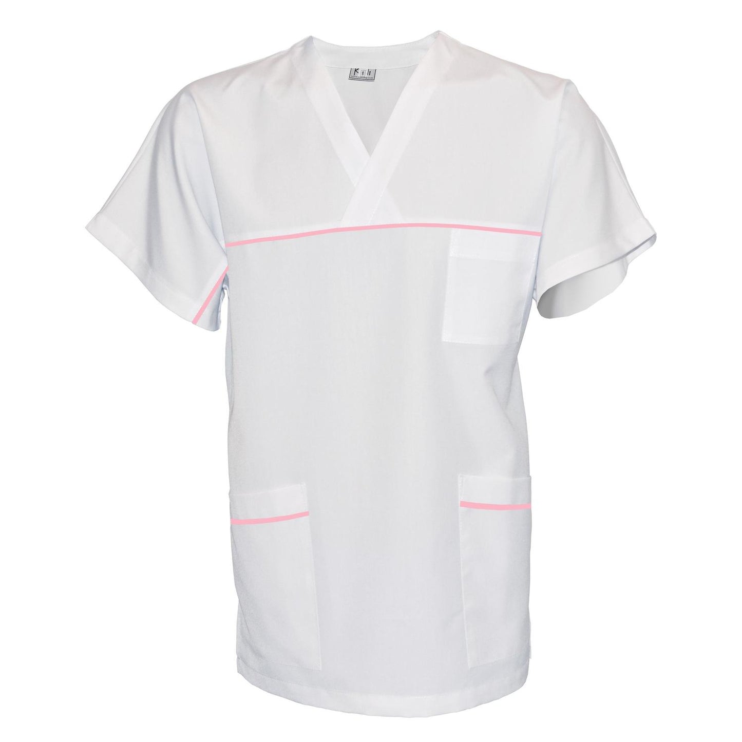 ПОРЪЧКА на унисекс бяла туника с гарнитура - цвят розов, модел UX – Медицински облекла Кали