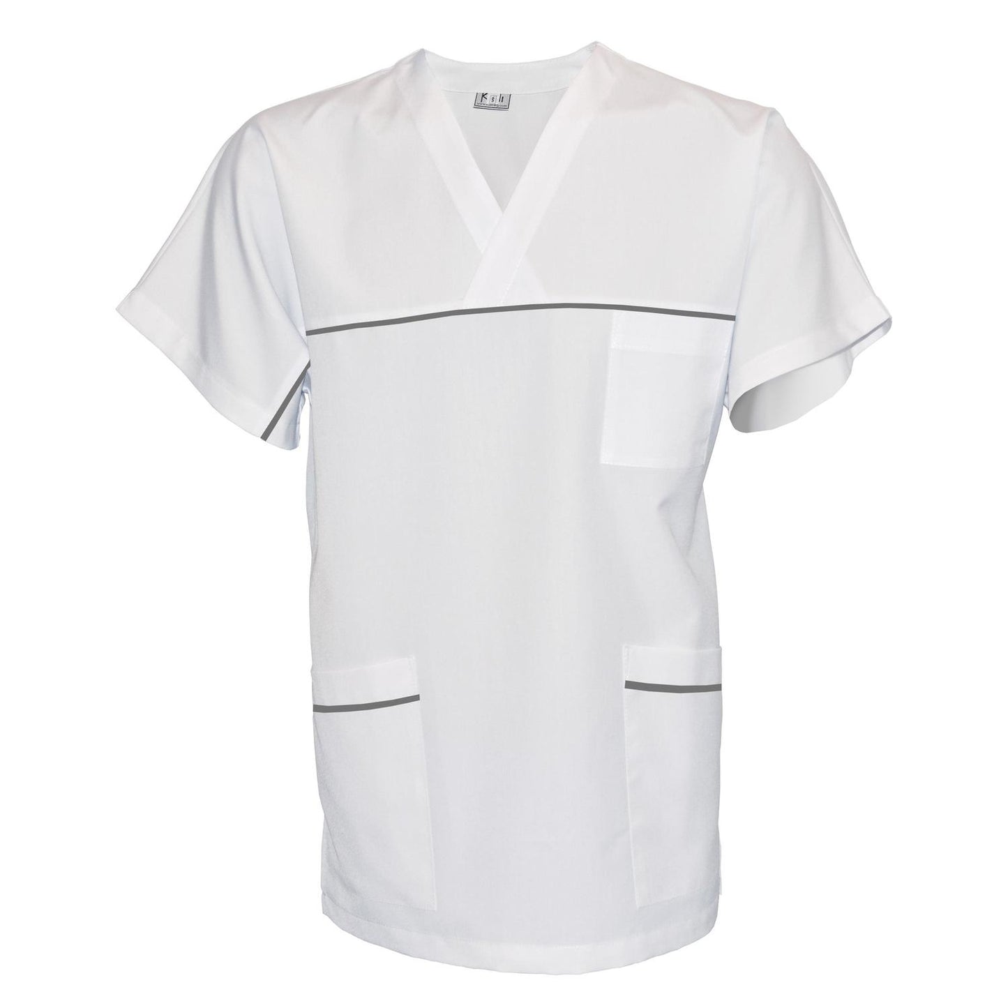 ПОРЪЧКА на унисекс бяла туника с гарнитура - цвят светло сив, модел UX – Медицински облекла Кали