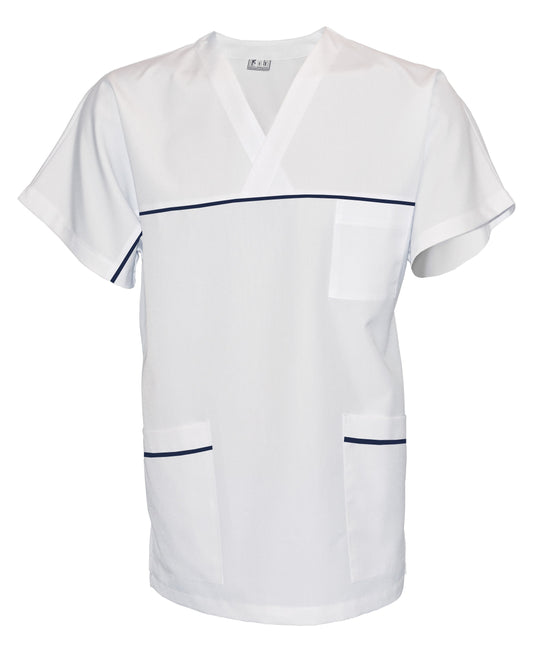 Túnica unisex blanca con ribete - color azul marino, modelo UX