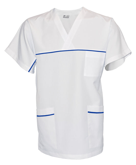 Túnica unisex blanca con ribete - color azul rey, modelo UX
