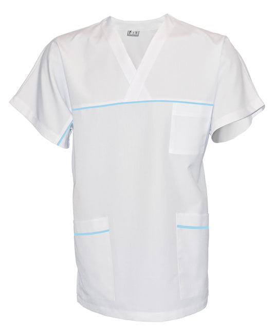 Túnica unisex blanca con ribete - color azul claro, modelo UX