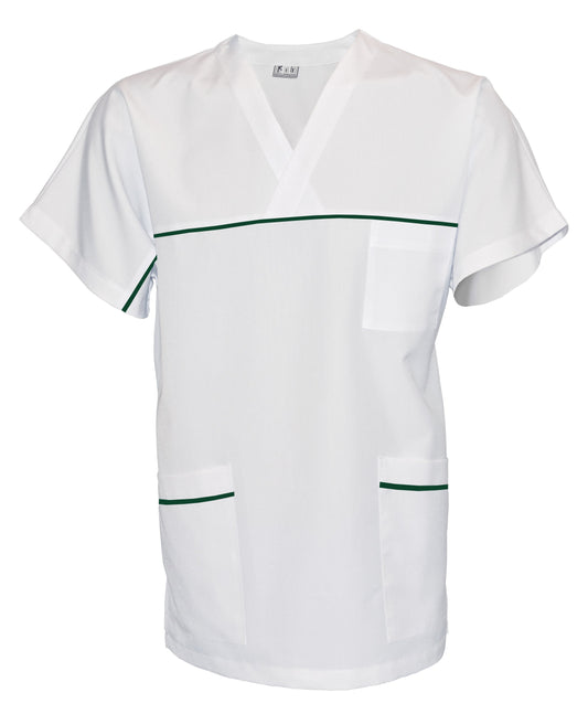 Túnica unisex blanca con ribete - color verde mantequilla, modelo UX