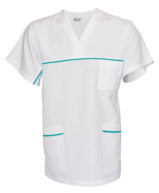 Túnica unisex blanca con ribete - color verde mar, modelo UX