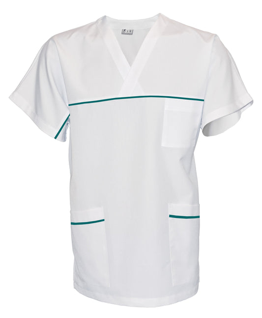 Túnica unisex blanca con ribete - color verde mar oscuro, modelo UX