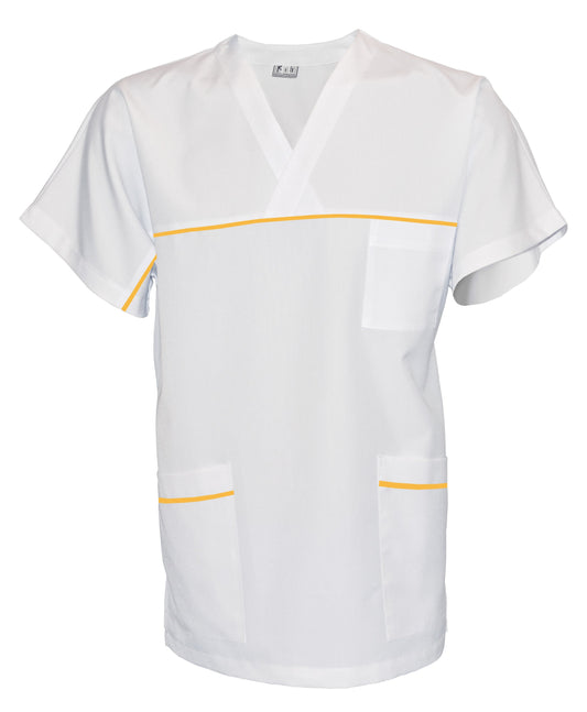 Túnica unisex blanca con ribete - color amarillo, modelo UX