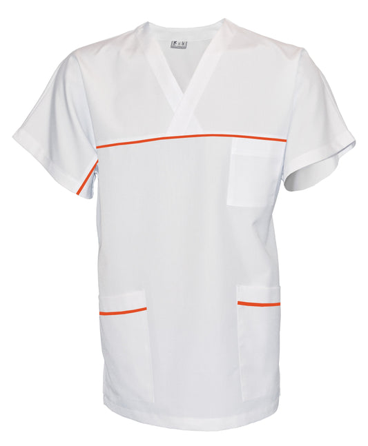 Túnica unisex blanca con ribete - color naranja, modelo UX